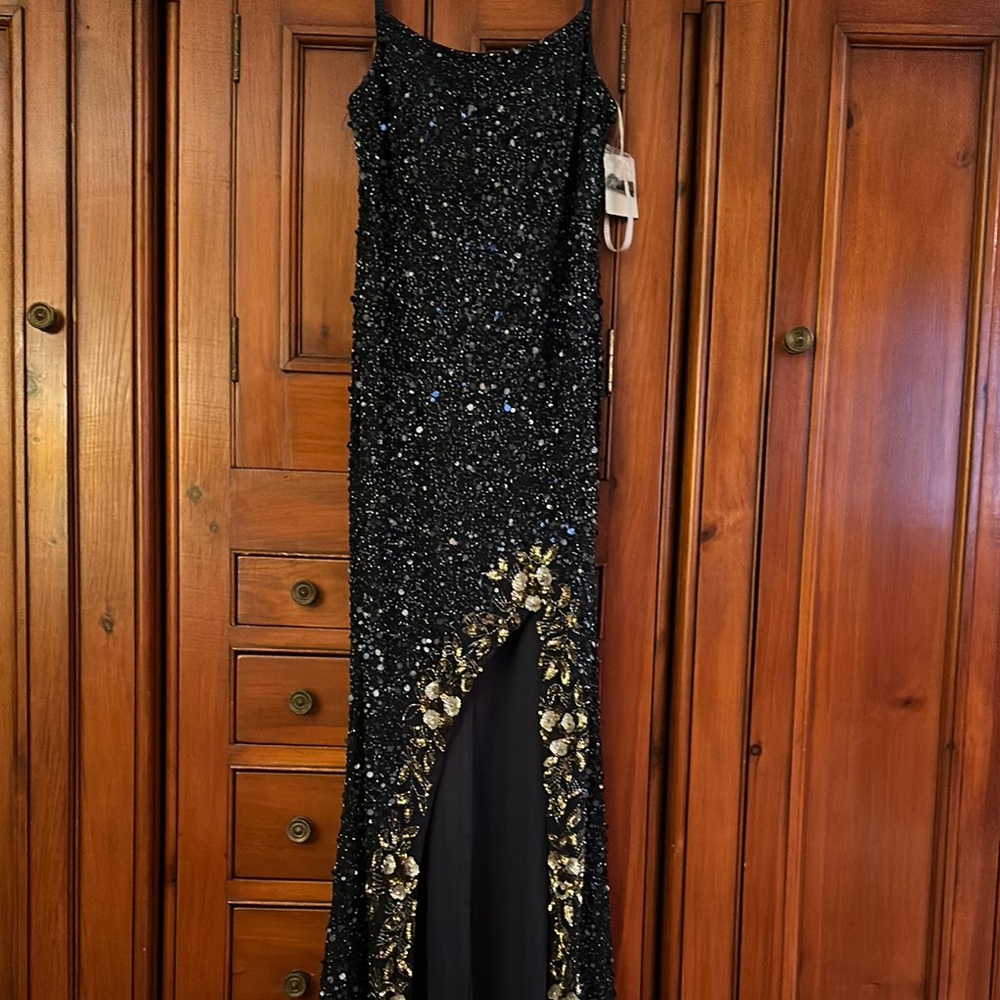 David's Bridal midnight navy beaded Gown